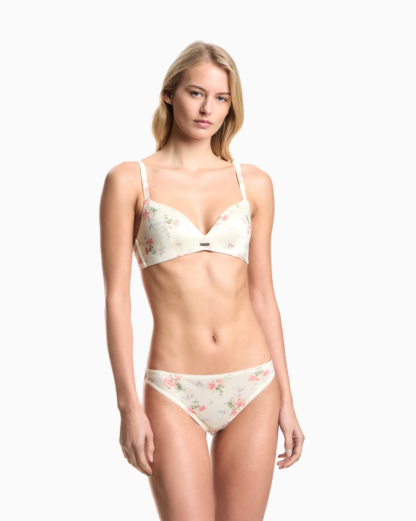 Satin microfibre padded triangle bra with floral print Slide 1