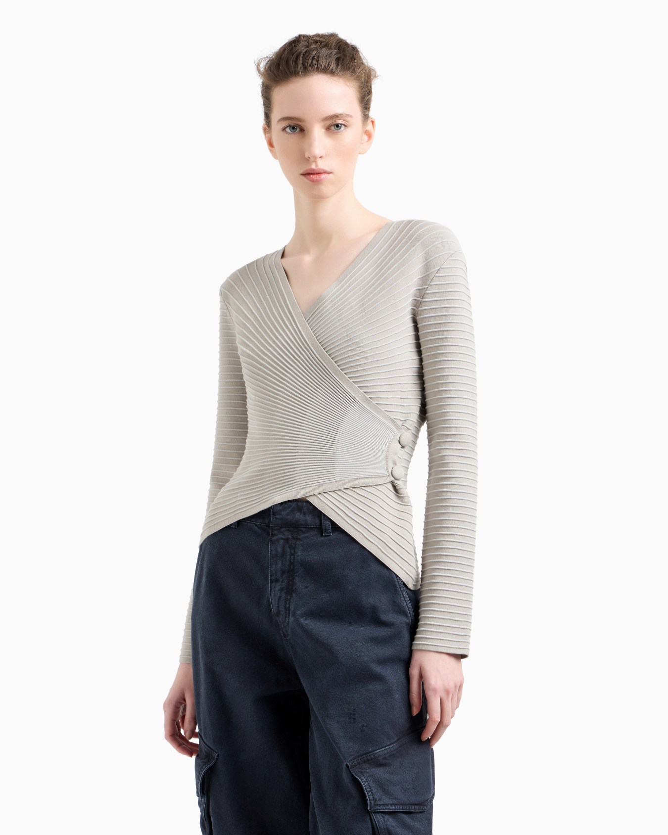 OTTOMAN FABRIC CROSS-OVER NECKLINE CARDIGAN Slide 3