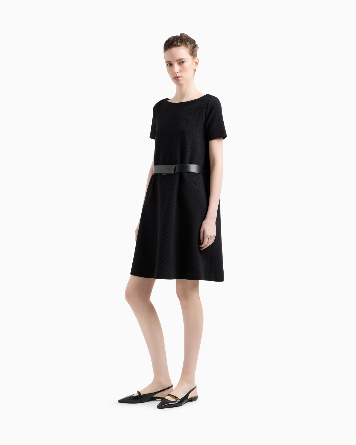 Ottoman jersey dress with boat neck and belt Slide 1