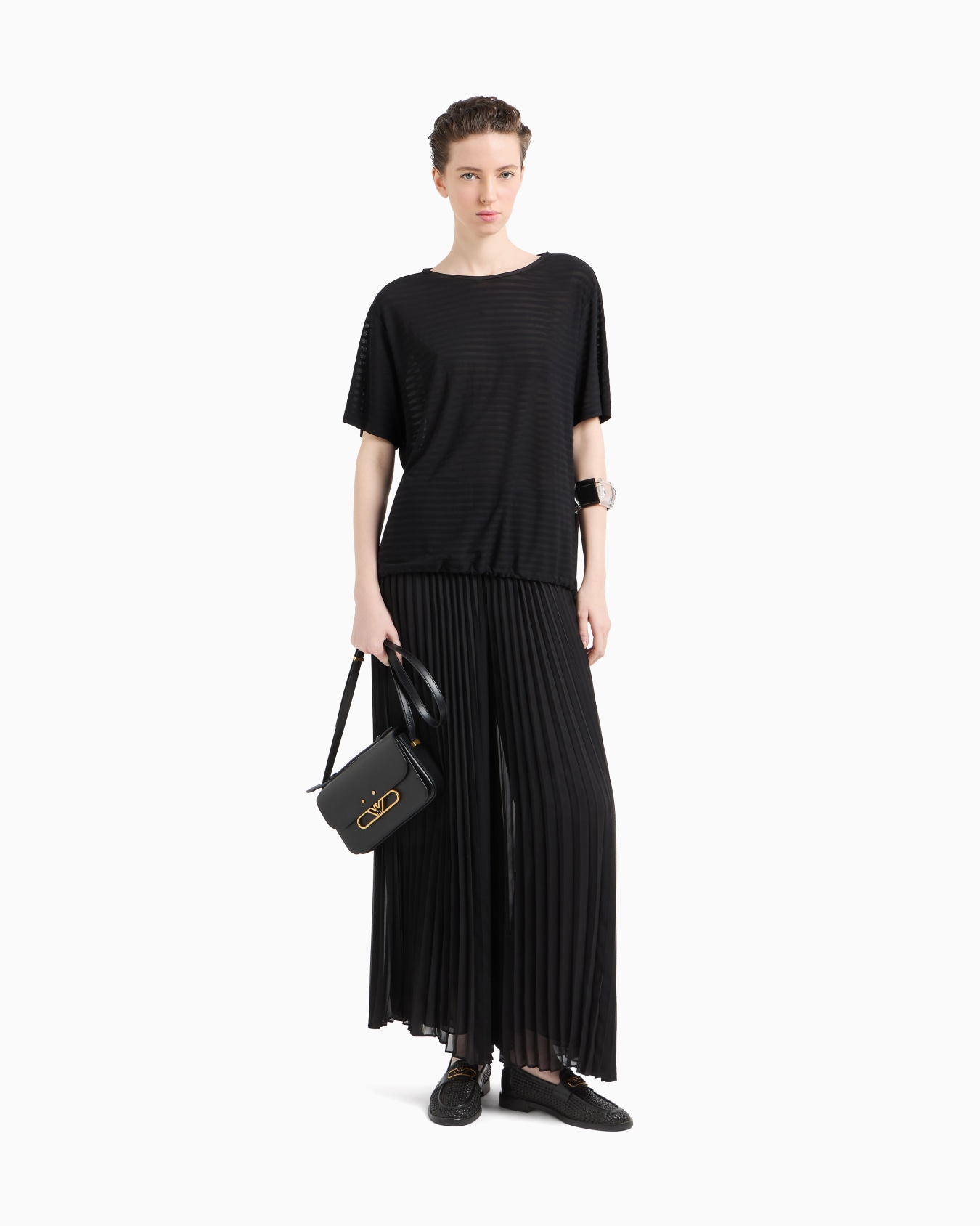 Maglia con coulisse sul fondo in jersey jacquard motivo a righe Slide 1