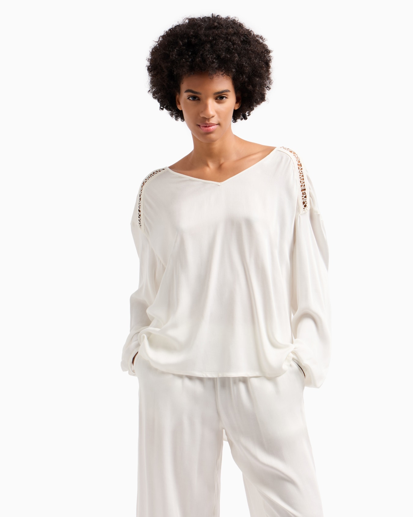 Viscose beachwear blouse with logo lace details Slide 1