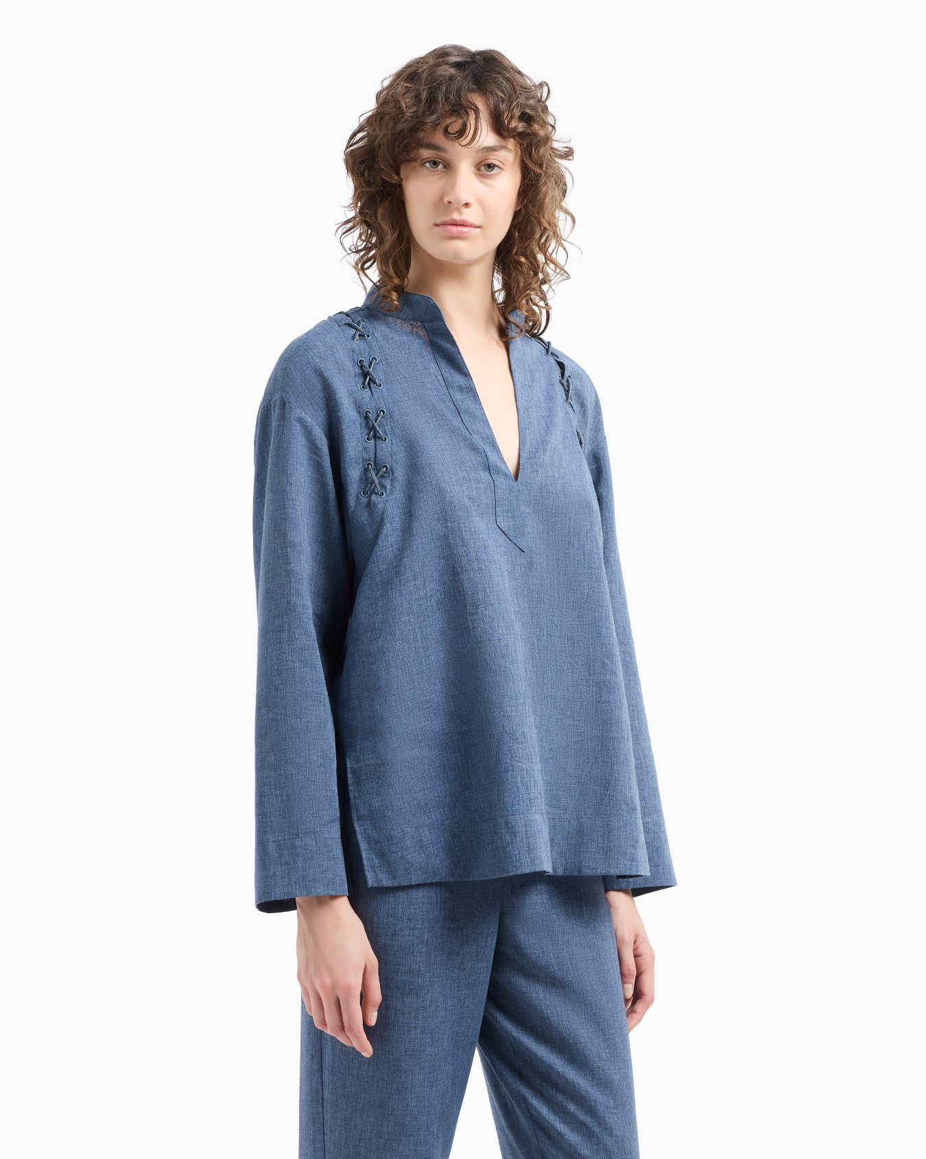 Mélange linen blend blouse with guru collar and tie details Slide 4