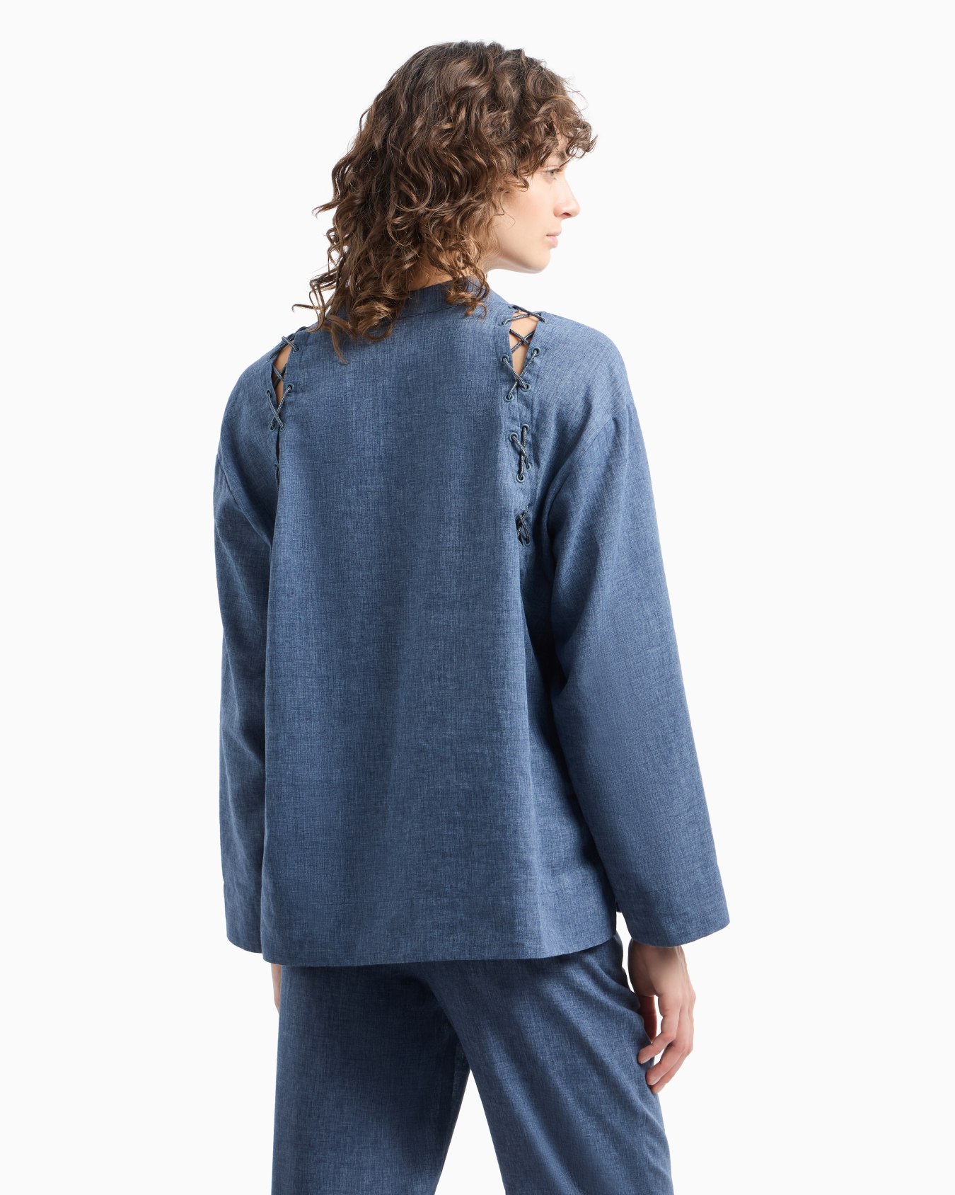 Mélange linen blend blouse with guru collar and tie details Slide 3