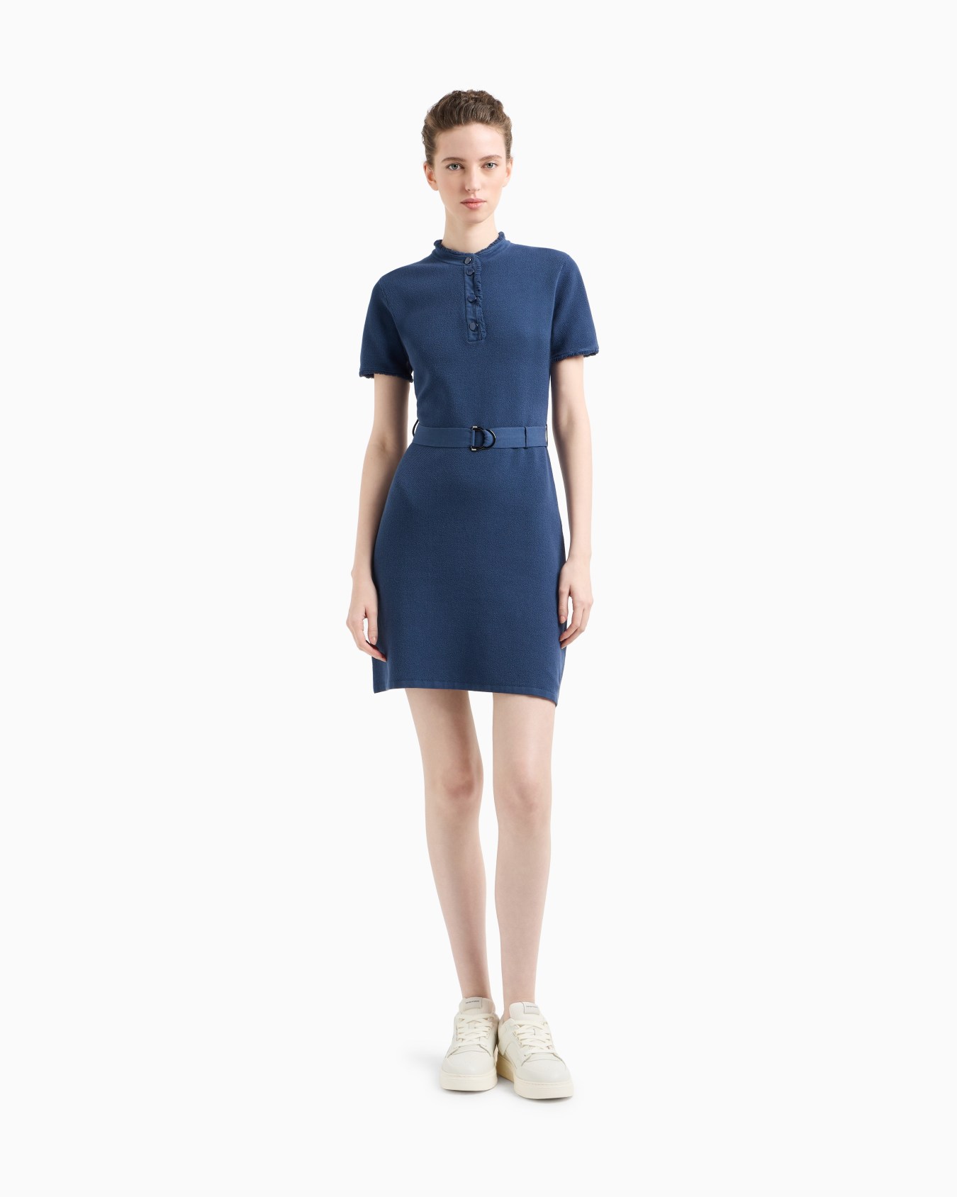 Moss-stitch effect knit dress with belt Slide 1