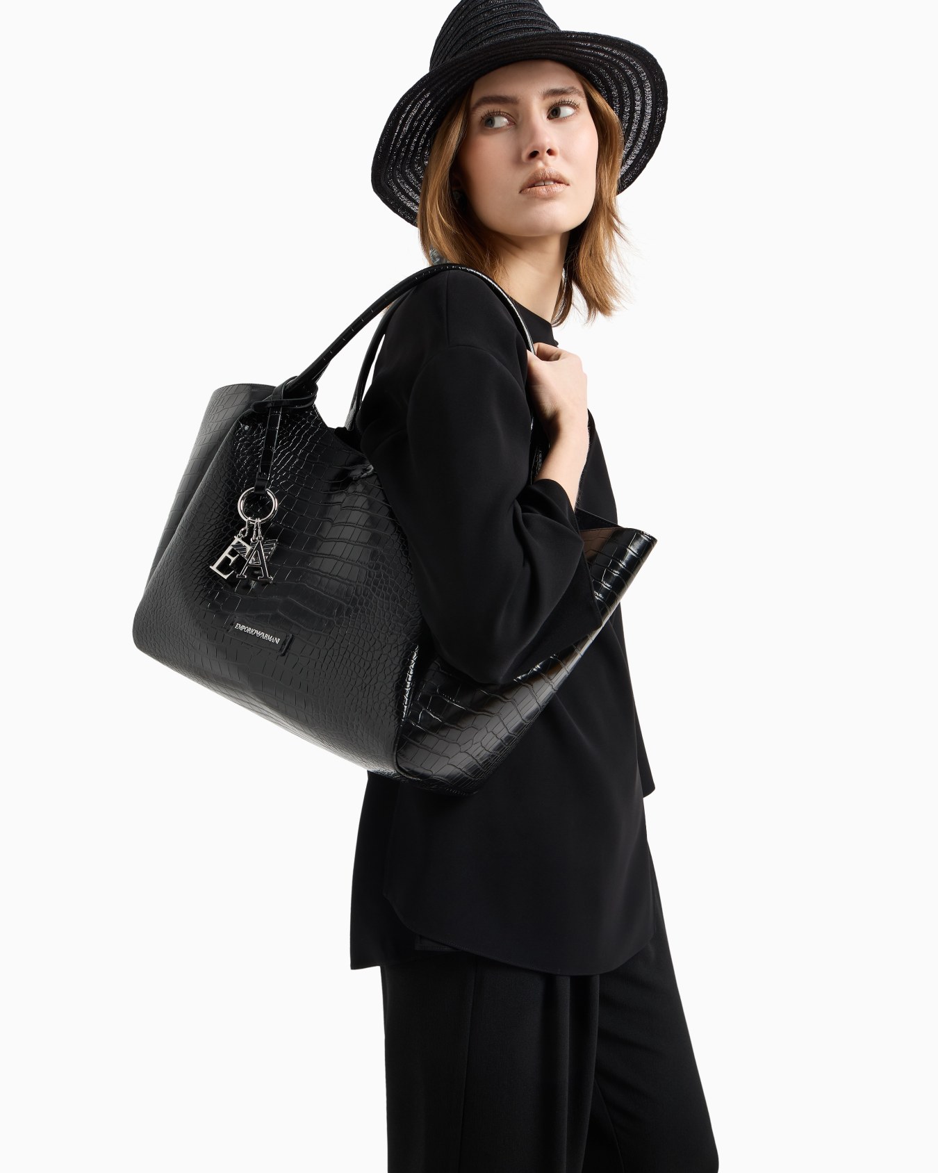 Oversized shopper bag with mock-croc finish and logo charm Slide 6