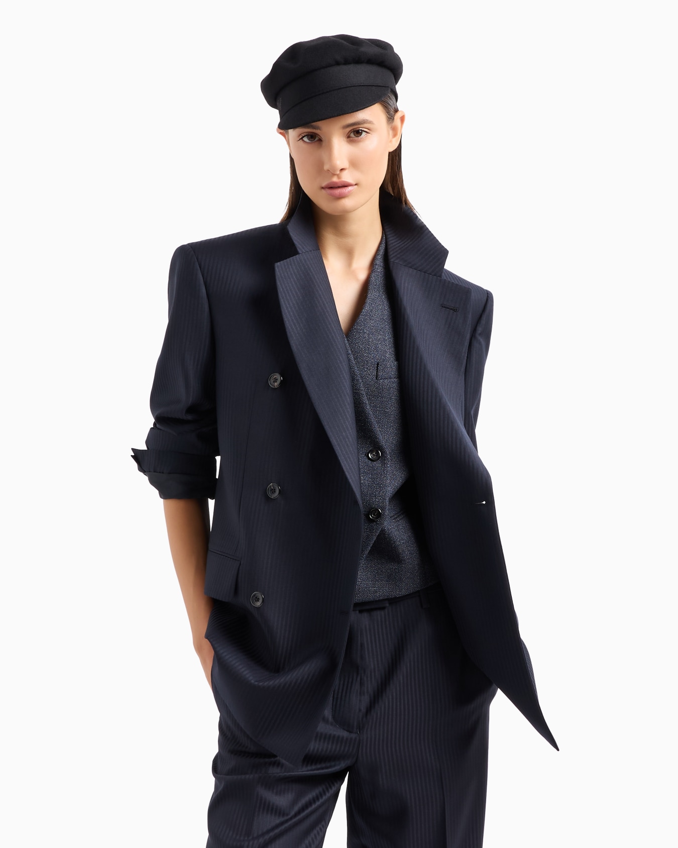 One-pleat wool satin trousers with alternating stripes Slide 5