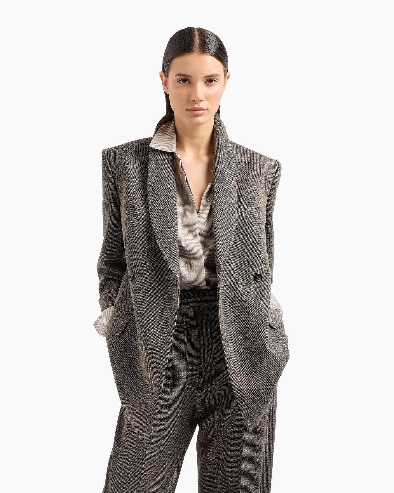 Mouliné wool-blend trousers with darts and chevron motif Slide 5