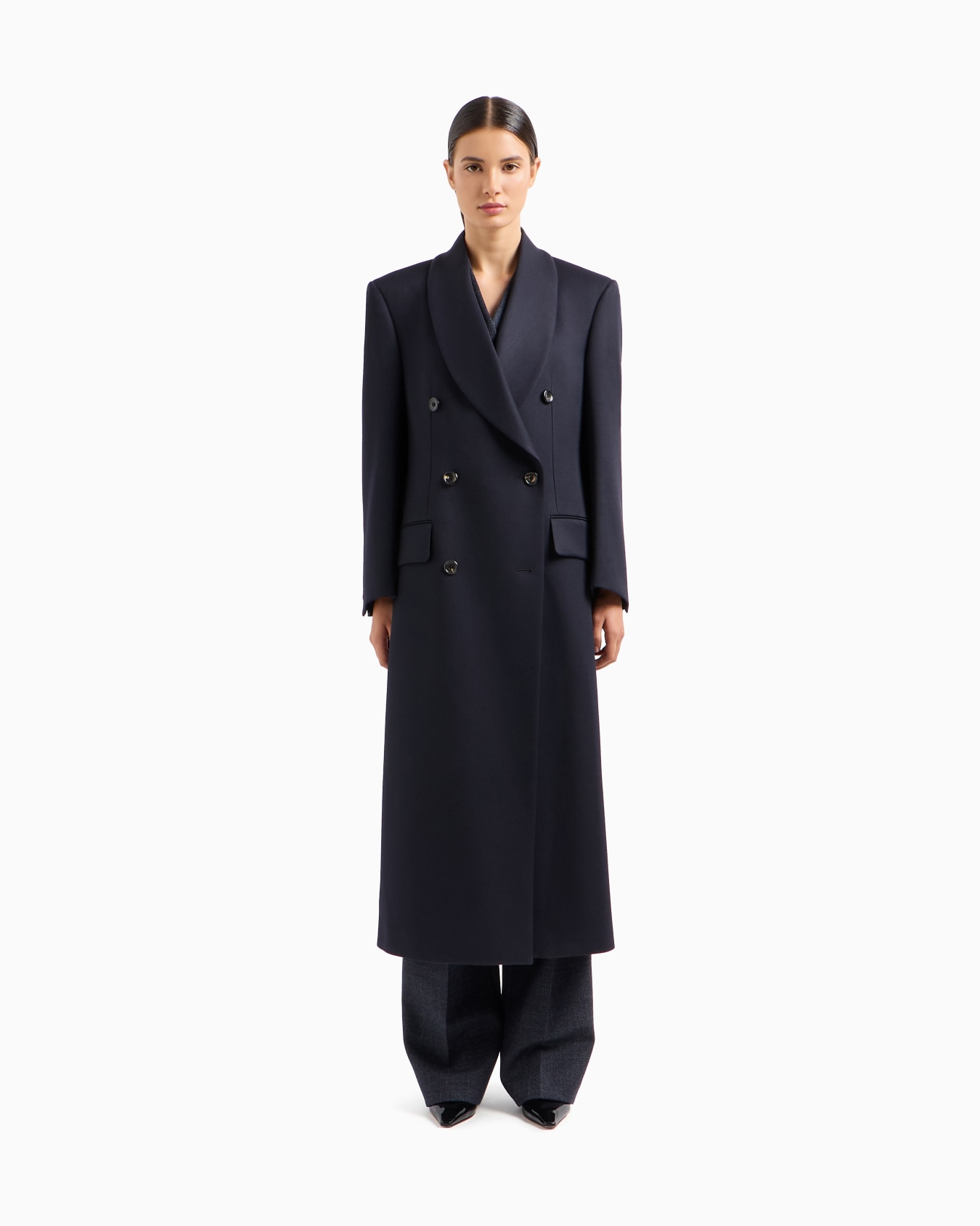 Double-breasted shawl-collar coat in compact wool cover fabric Slide 3