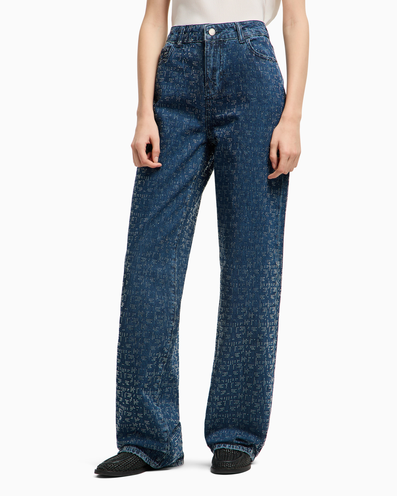J4G high-rise wide-leg denim jeans with all-over rhinestones Slide 3