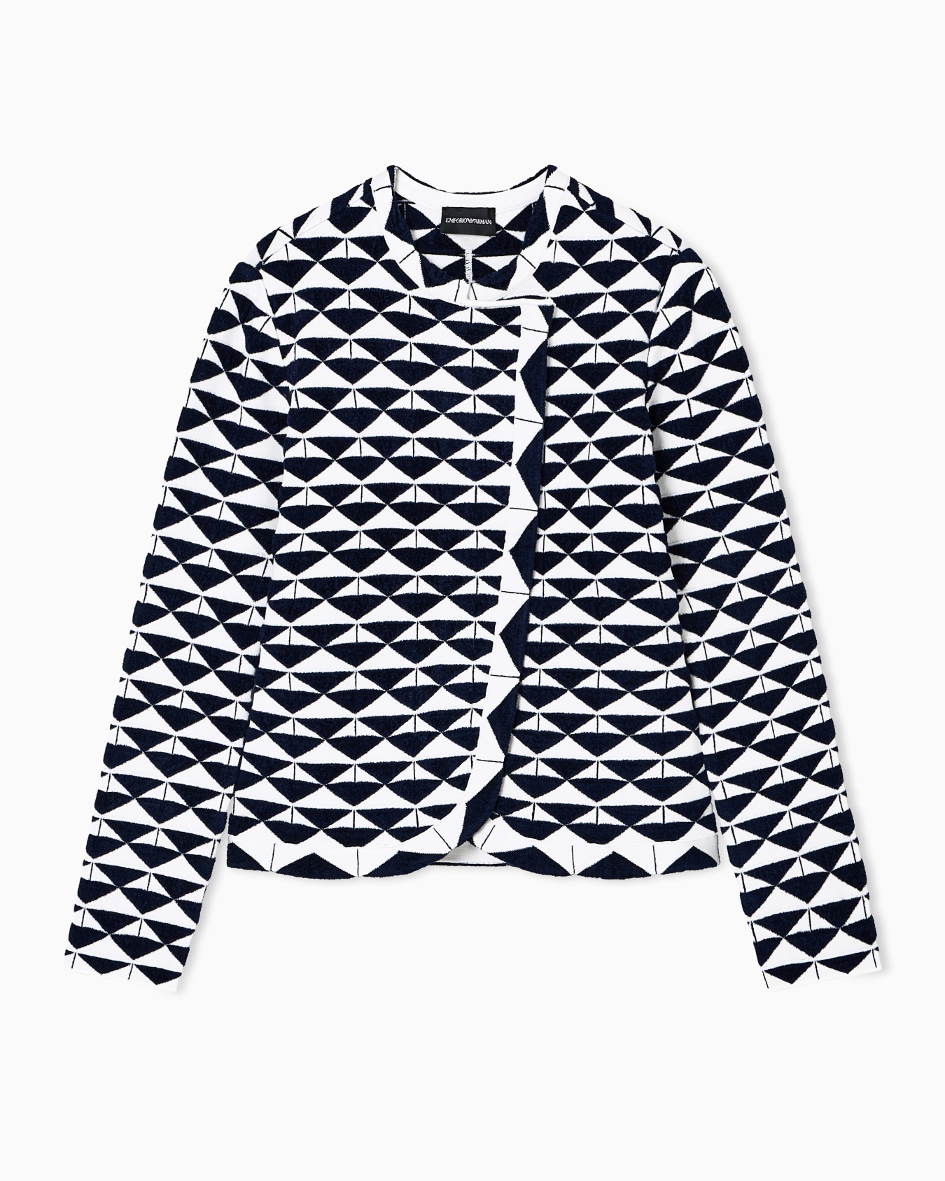 Viscose jacquard jacket with abstract motif and off-centre closure Slide 0