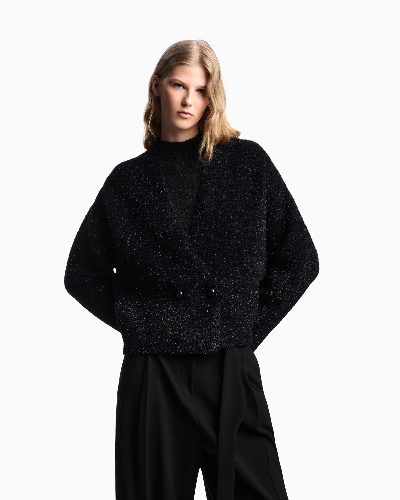Double-breasted cardigan in a lurex links-stitch knit Slide 3