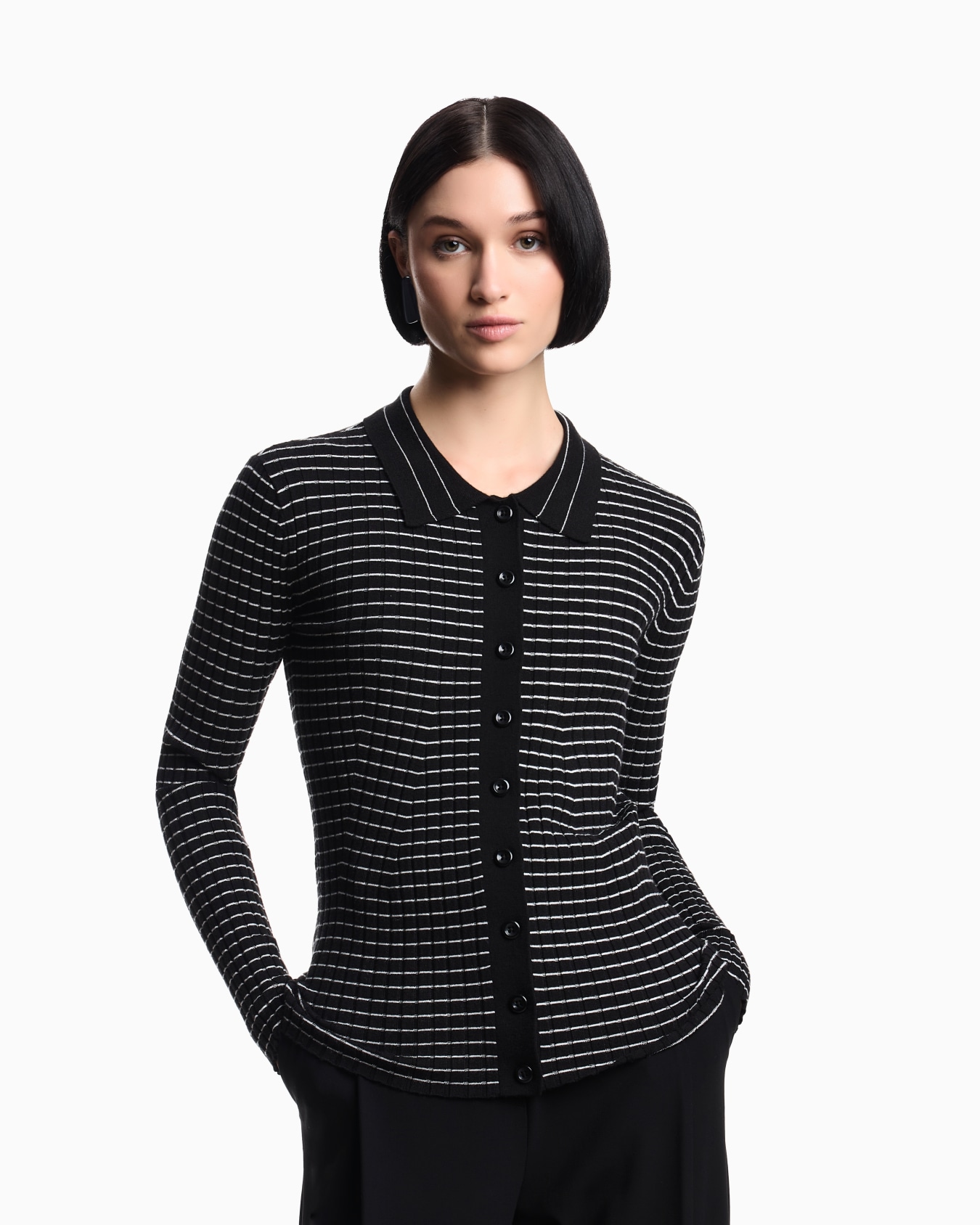 Ribbed cardigan with striped motif Slide 3