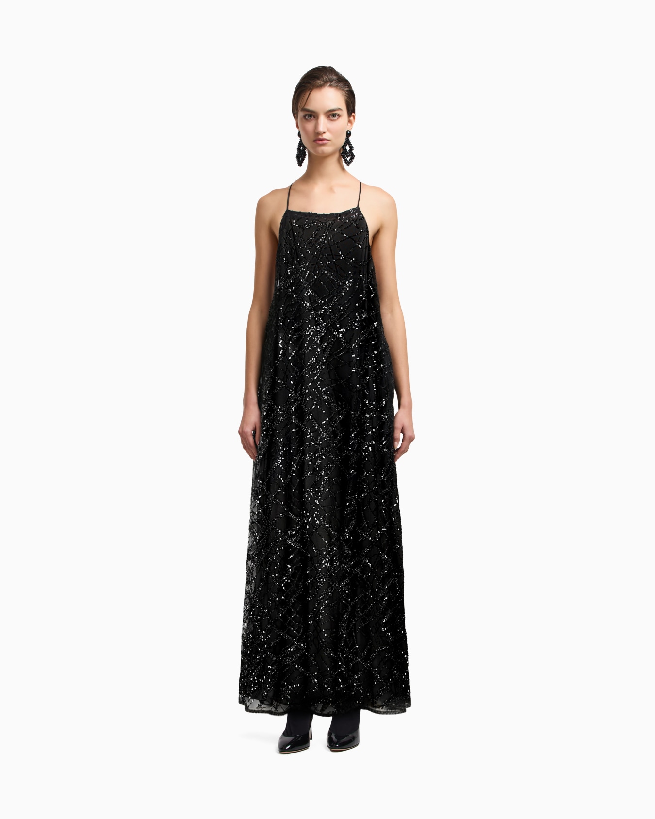 Long tulle dress with all-over micro-sequin and jet embroidery Slide 1