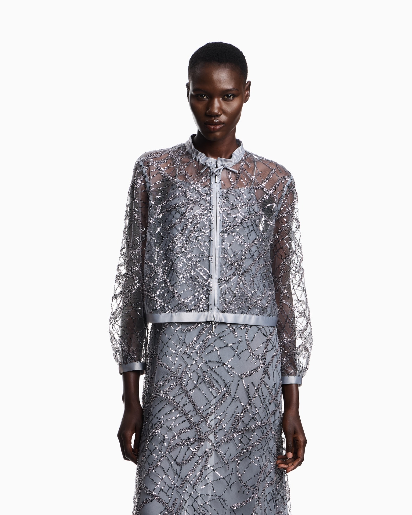 Zipped bolero in tulle with all-over micro-sequin and jet embroidery Slide 3