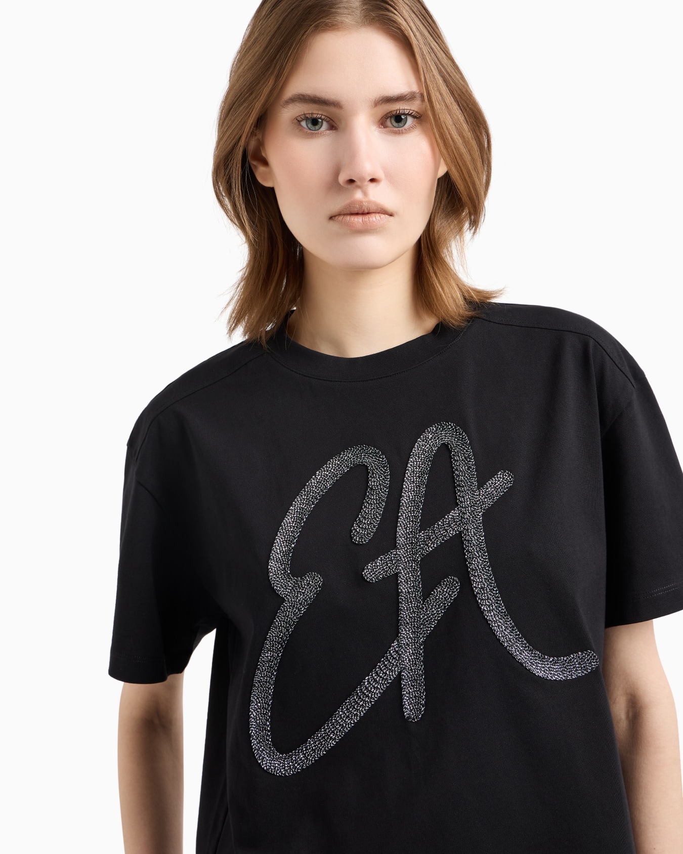 Cotton-jersey T-shirt with oversized lurex logo Slide 4