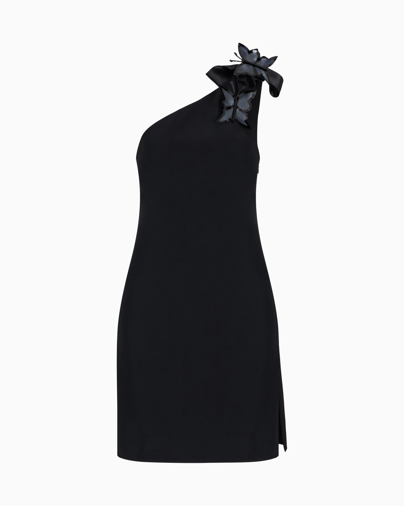 Butterfly one-shoulder dress in a fluid technical fabric with an oversized bow and brooches Slide 0