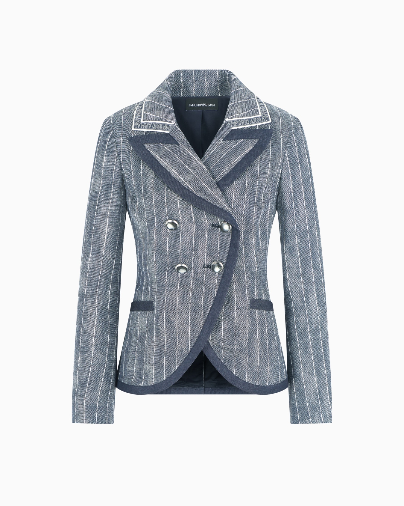 Pinstriped denim-effect linen and cotton blend double-breasted blazer  Slide 0
