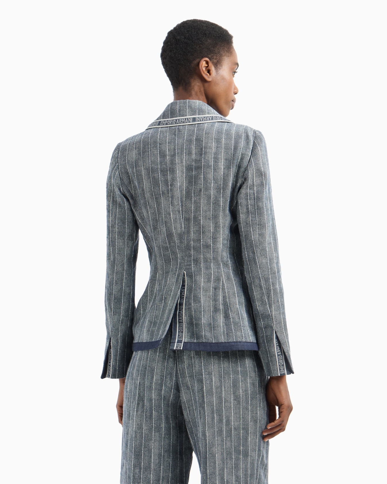 Pinstriped denim-effect linen and cotton blend double-breasted blazer  Slide 3