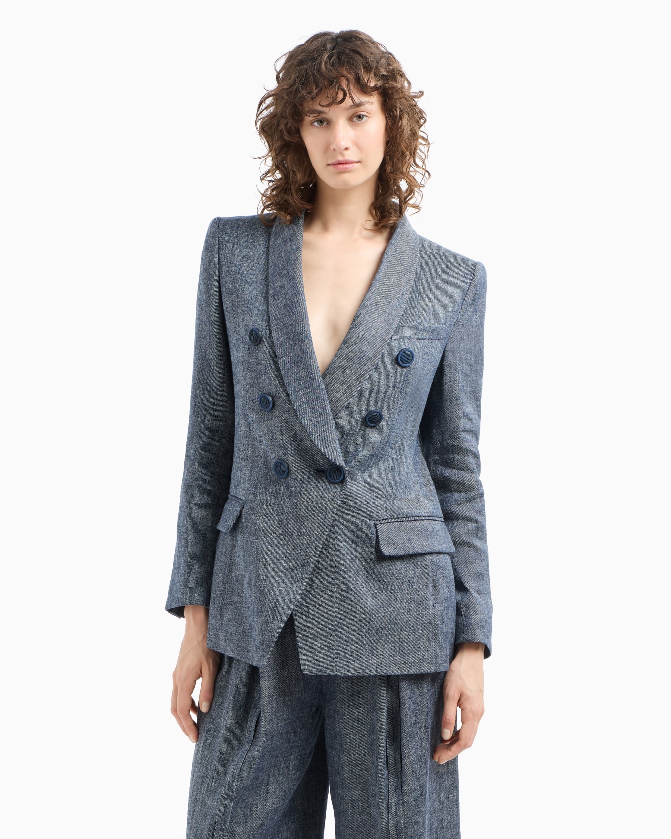 Double-breasted chambray linen blend blazer Slide 4