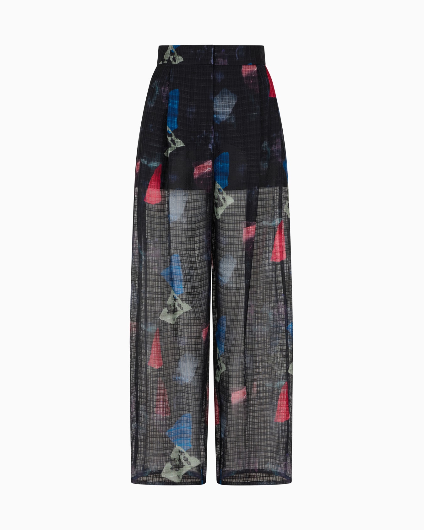 Silk trousers with pleats and micro check motif and abstract print Slide 0