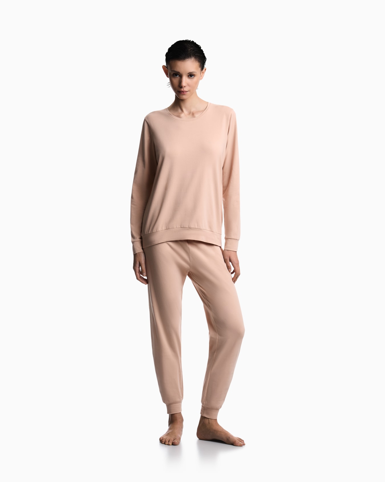 Long pyjamas in cotton jersey with logoband and ribbed cuffs Slide 1