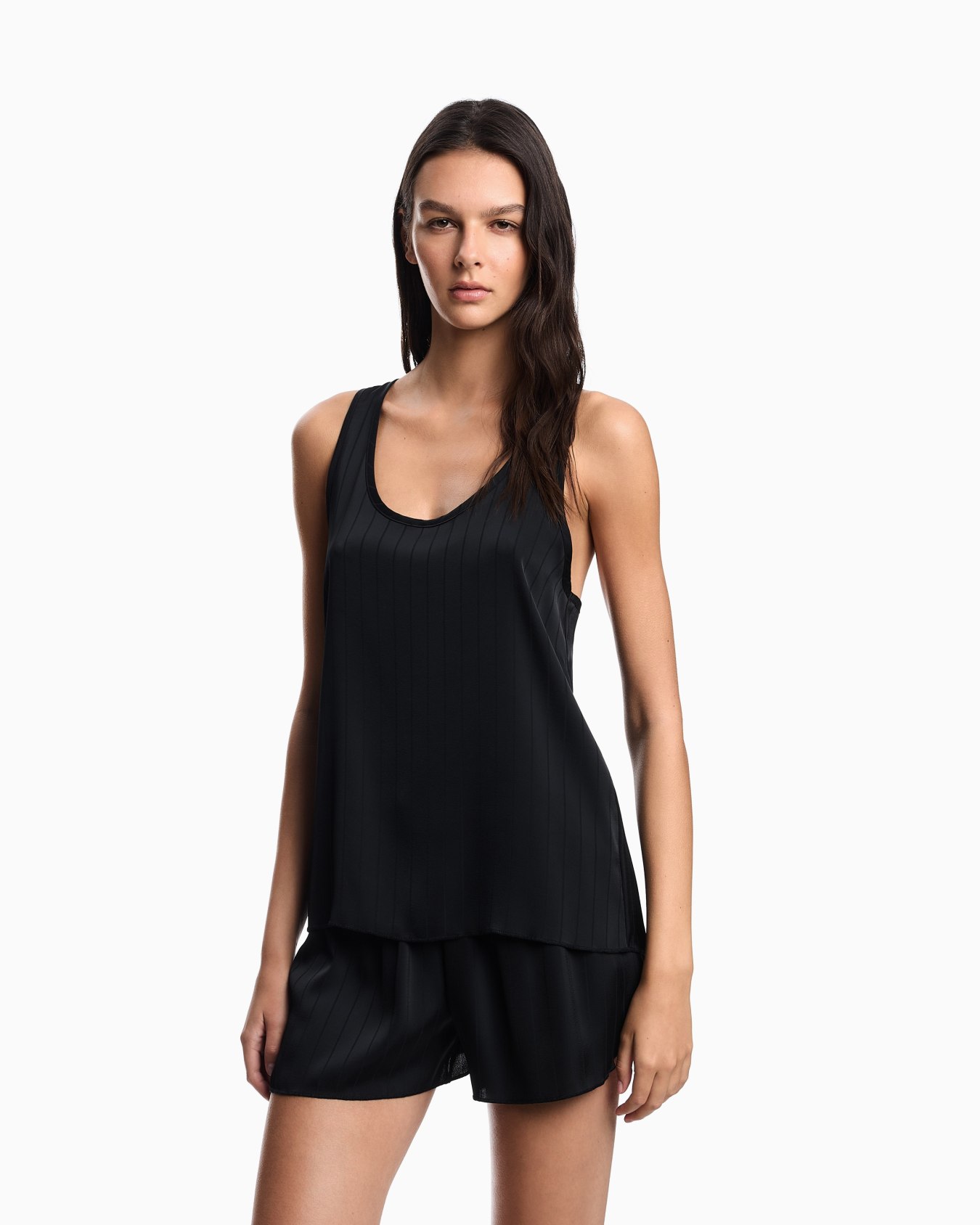 Satin tank top and shorts pyjamas with a matching striped motif Slide 1