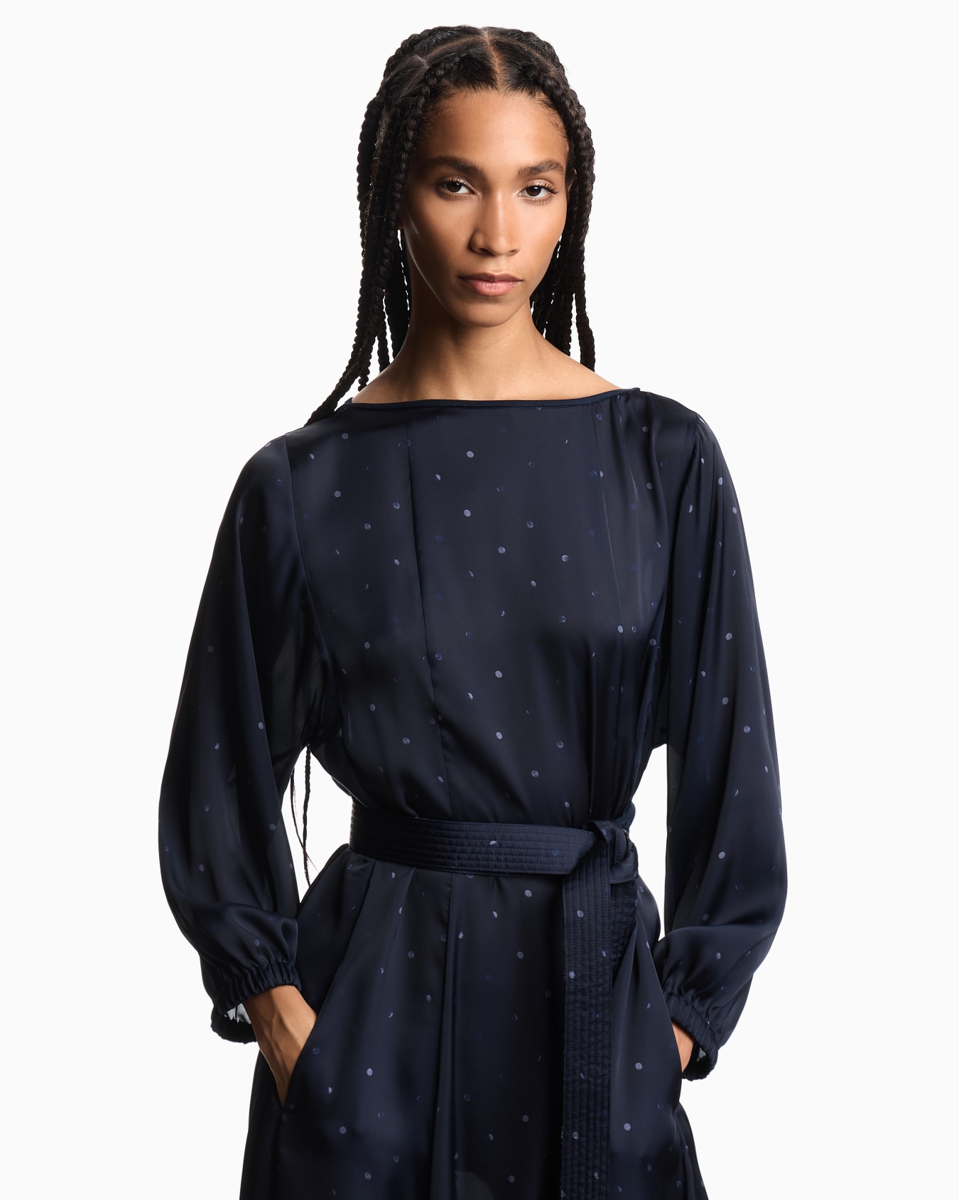 Polka-dot print satin dress with belt Slide 3