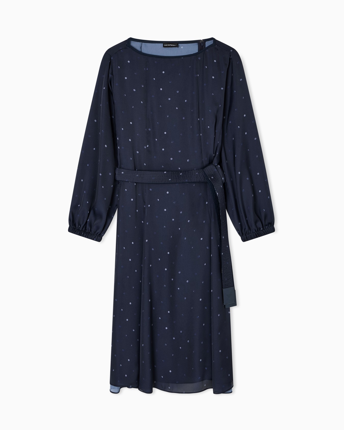 Polka-dot print satin dress with belt Slide 0