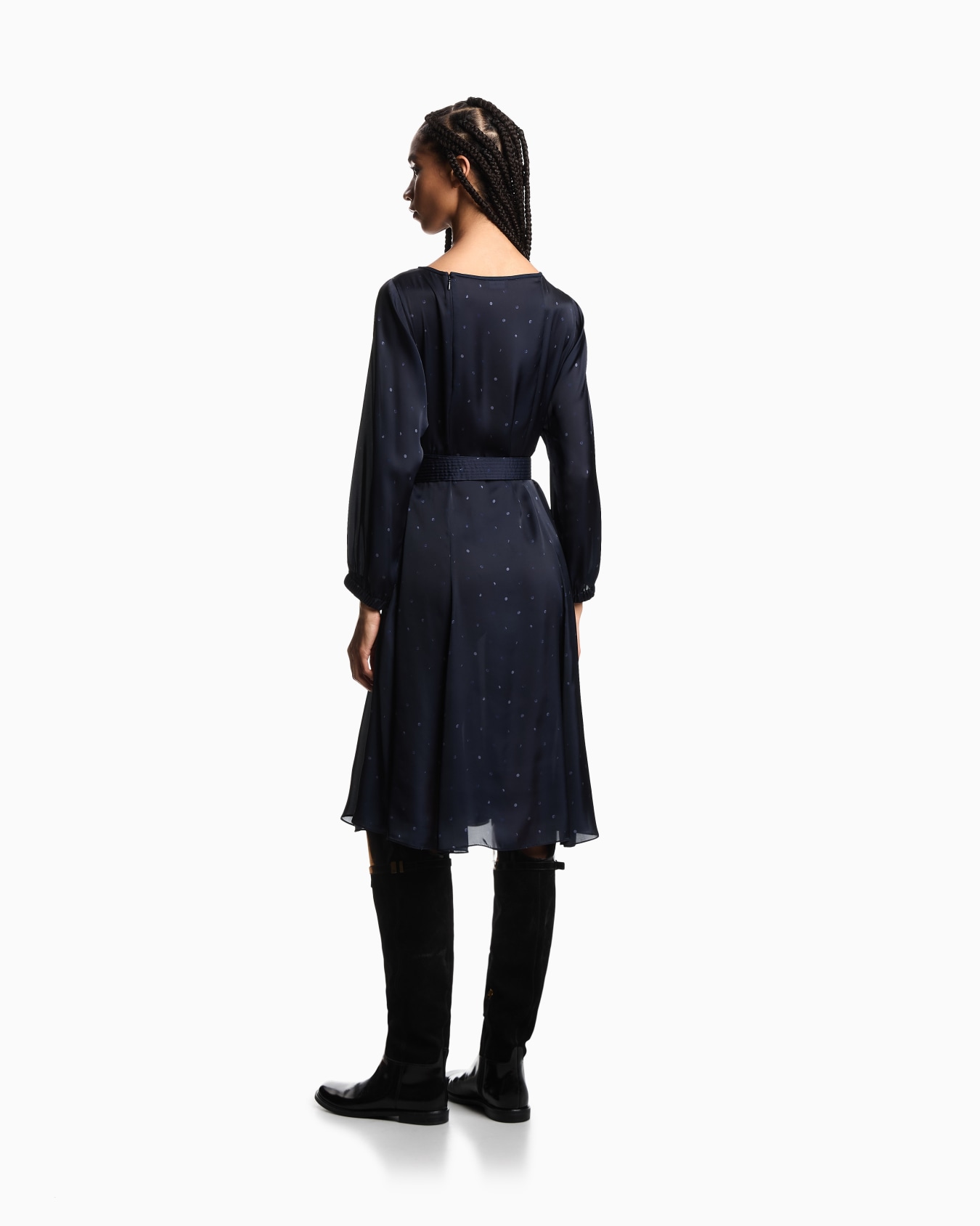 Polka-dot print satin dress with belt Slide 2
