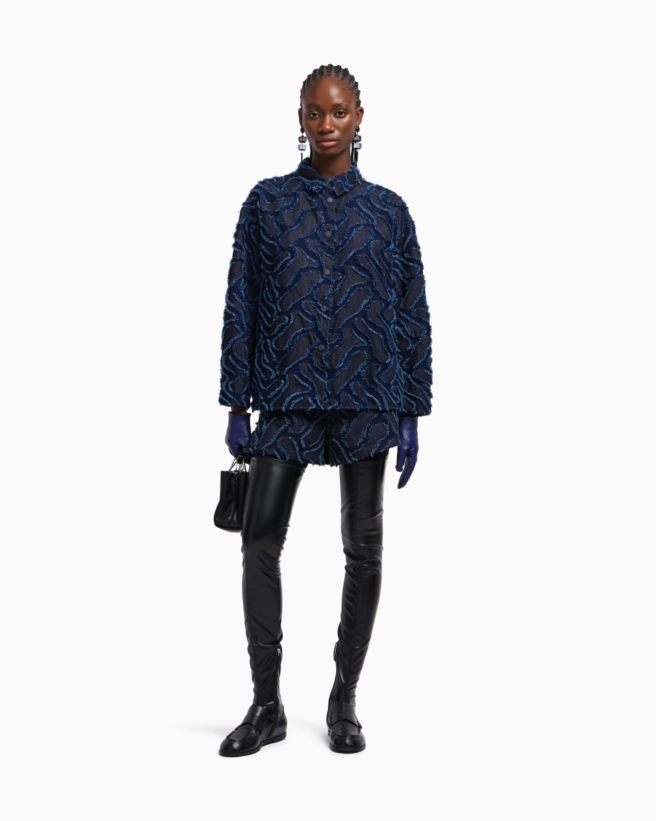 Veste chemise en denim jacquard avec motif en relief à franges Diapositive 2