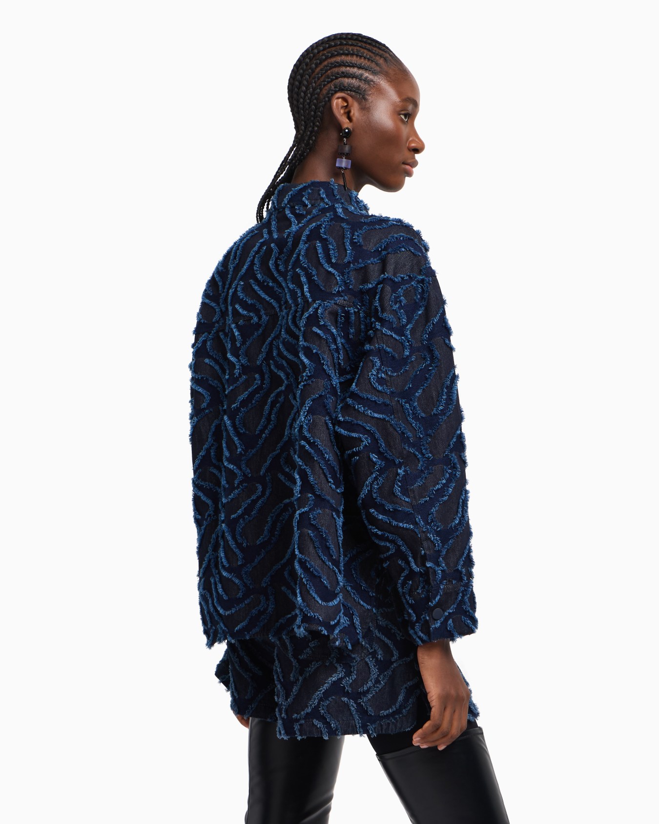 Veste chemise en denim jacquard avec motif en relief à franges Diapositive 3