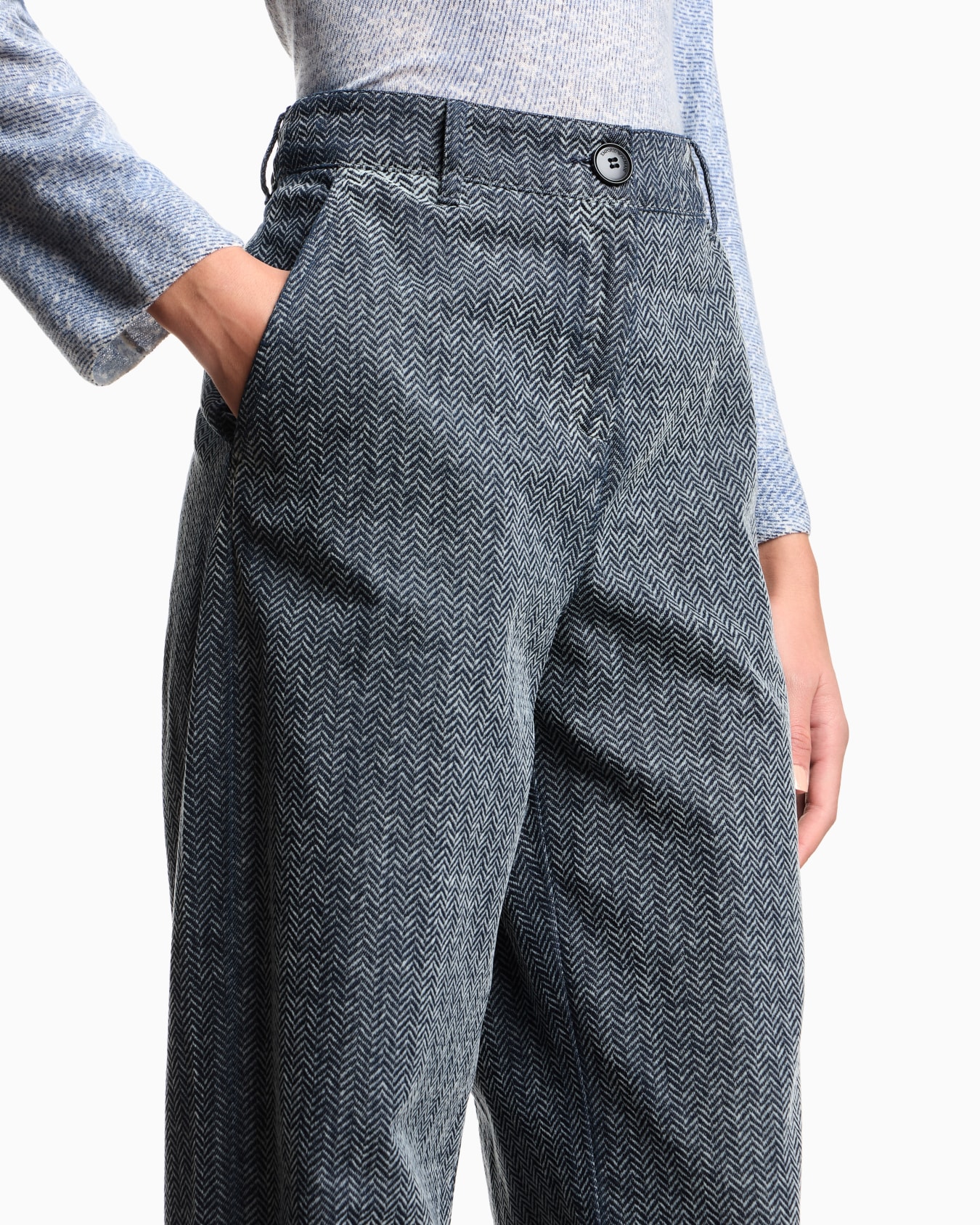 Flocked denim trousers with all-over chevron motif Slide 4