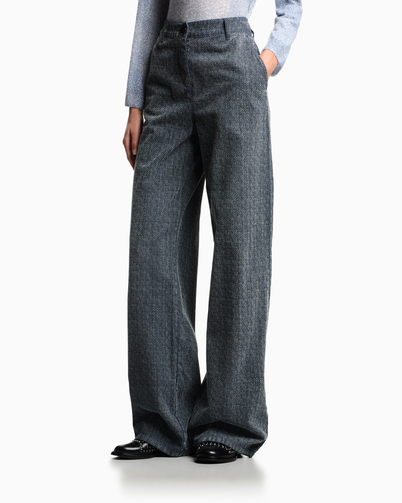 Flocked denim trousers with all-over chevron motif Slide 3