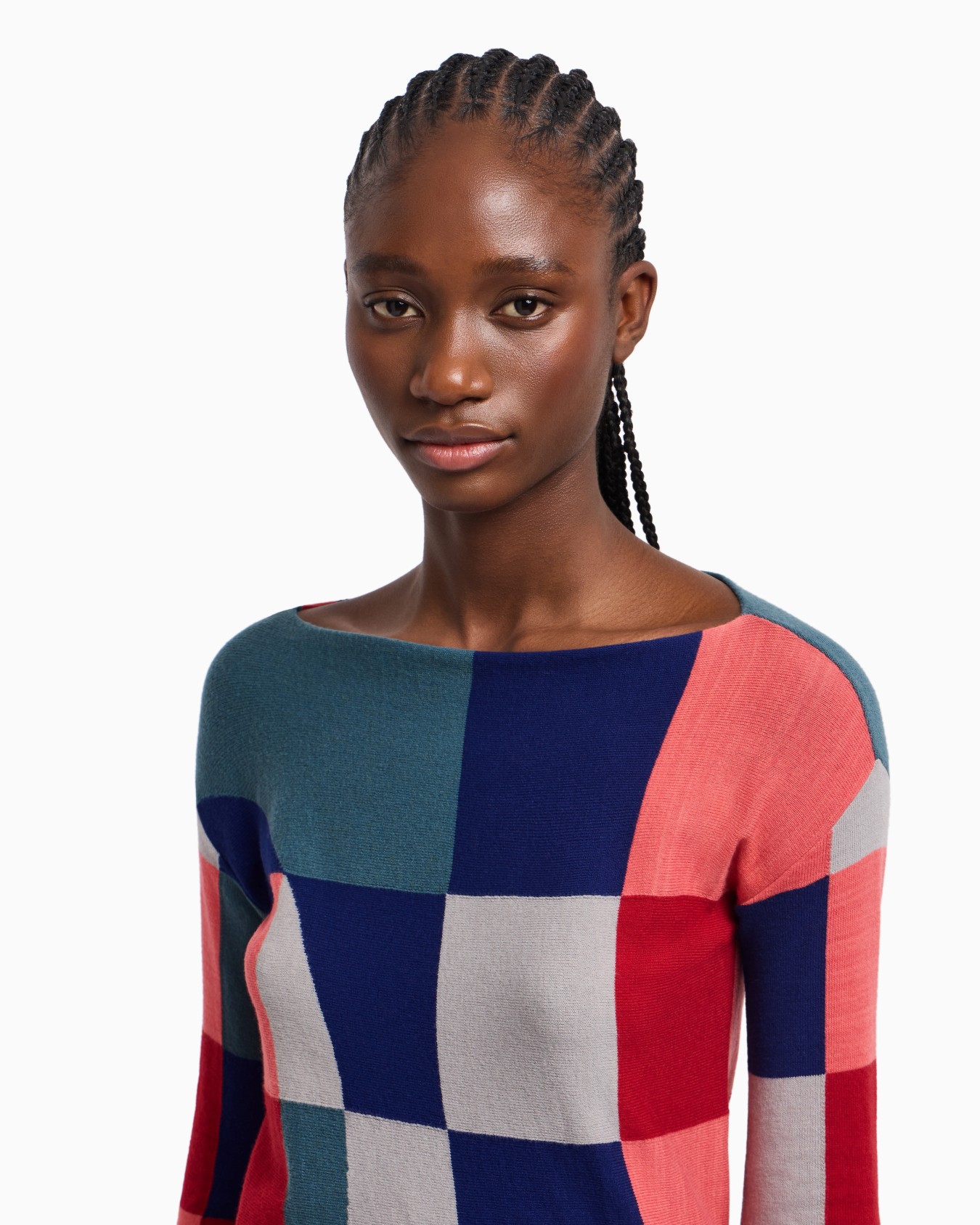 Viscose-blend jumper with patchwork-effect intarsia Slide 5