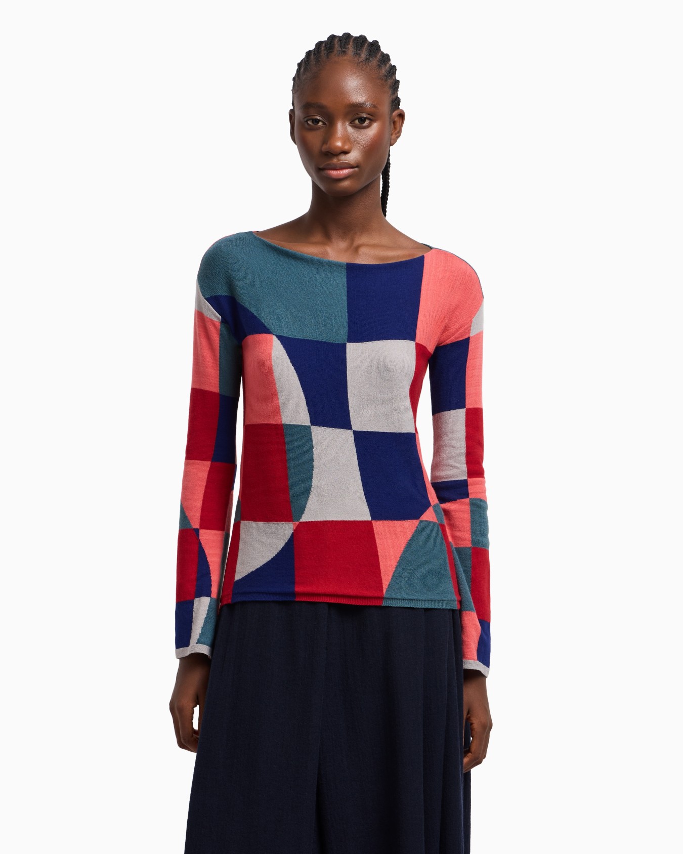 Viscose-blend jumper with patchwork-effect intarsia Slide 4