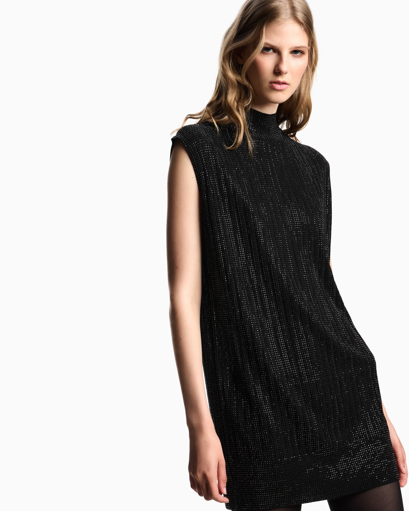 Plain-knit virgin wool-blend sleeveless dress with all-over rhinestones Slide 3