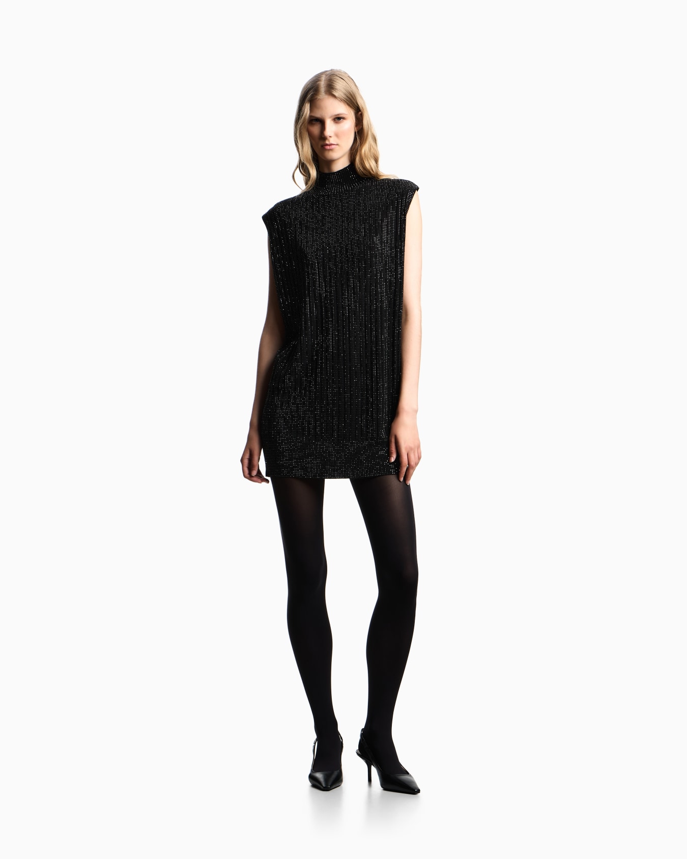 Plain-knit virgin wool-blend sleeveless dress with all-over rhinestones Slide 1