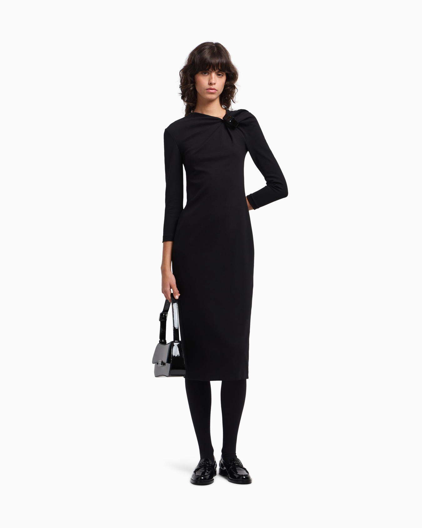 Long dress with gathering detail in stretch Milano stitch Slide 2