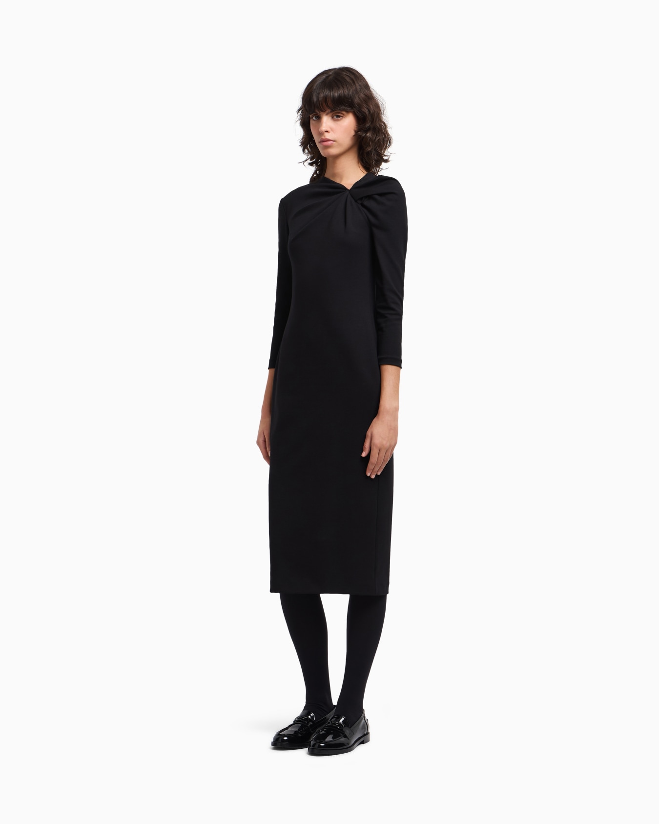 Long dress with gathering detail in stretch Milano stitch Slide 4