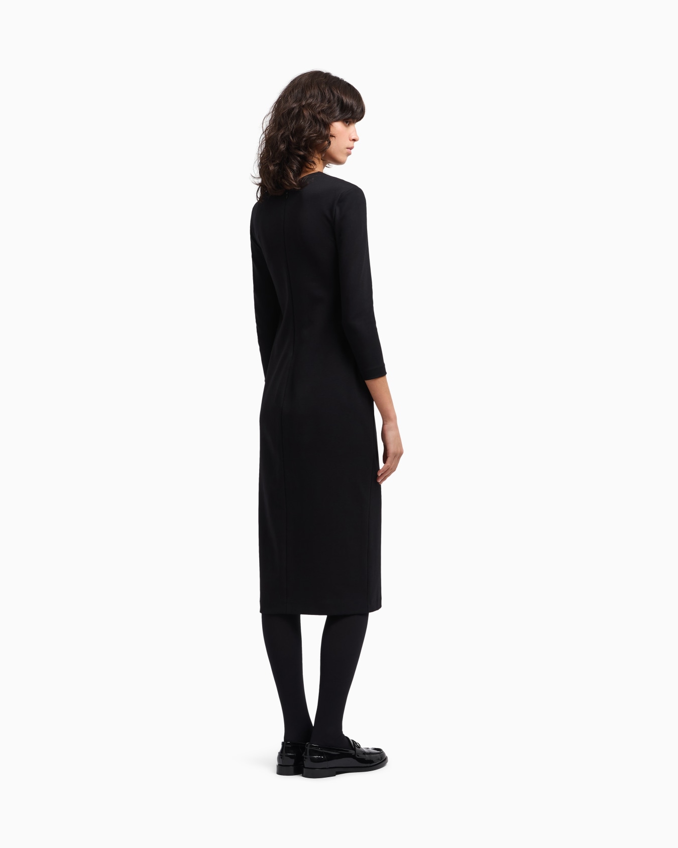 Long dress with gathering detail in stretch Milano stitch Slide 3