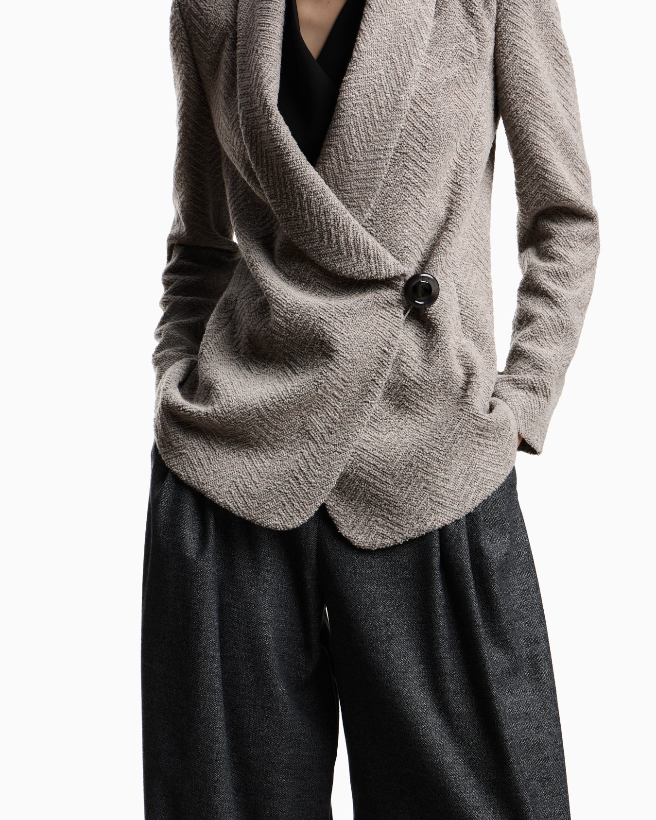 Jacket with off-centre closure in a wool-blend lurex chevron jacquard Slide 4