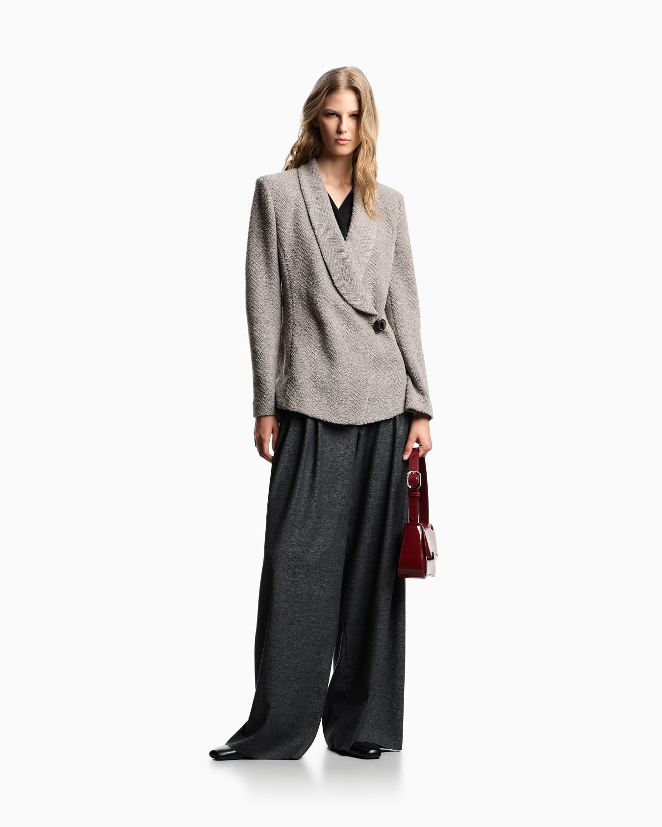 Jacket with off-centre closure in a wool-blend lurex chevron jacquard Slide 1