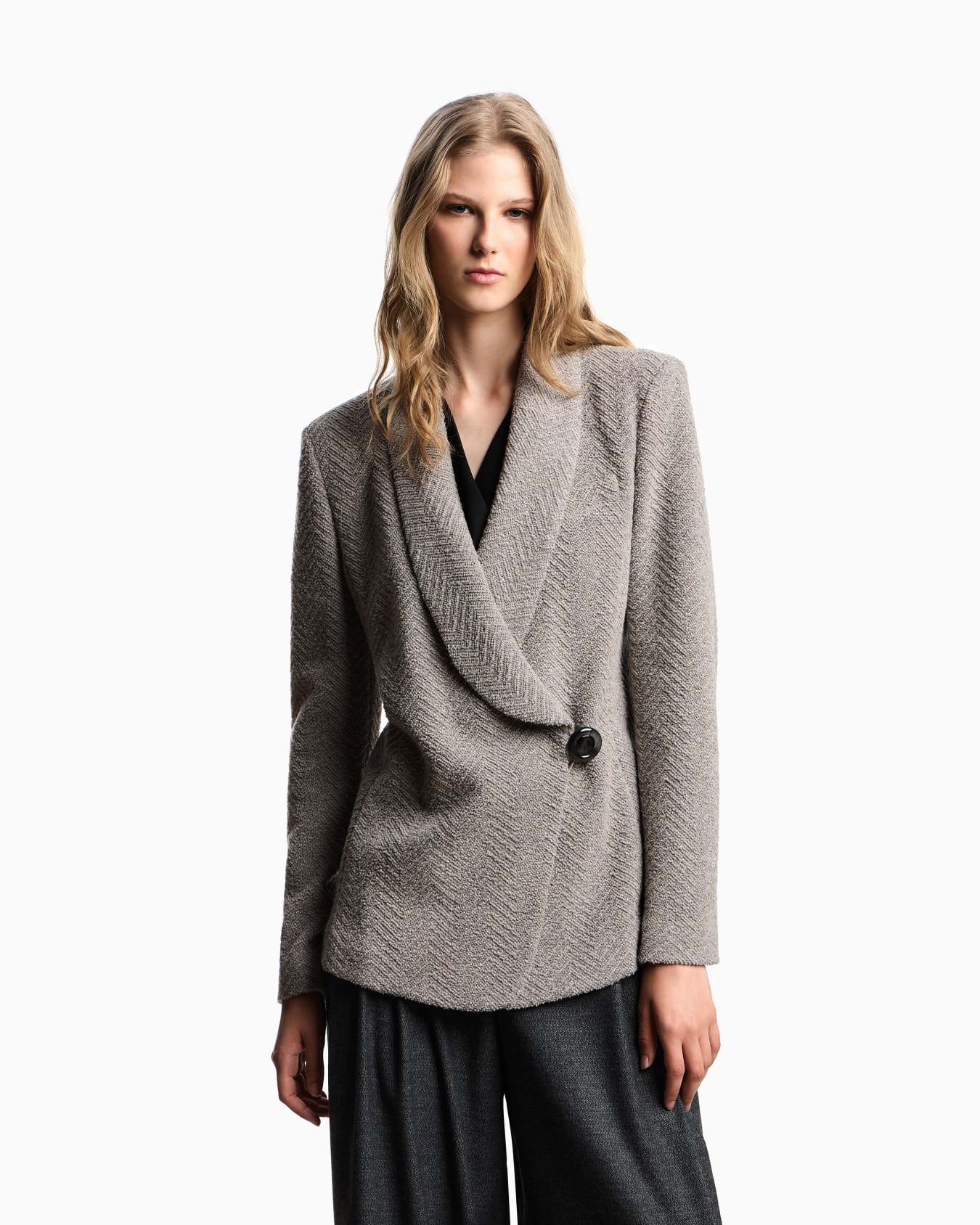 Jacket with off-centre closure in a wool-blend lurex chevron jacquard Slide 3