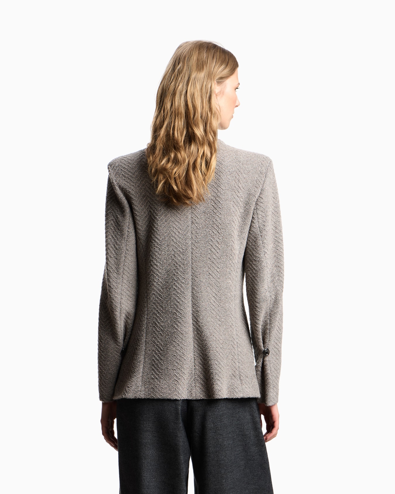 Jacket with off-centre closure in a wool-blend lurex chevron jacquard Slide 2