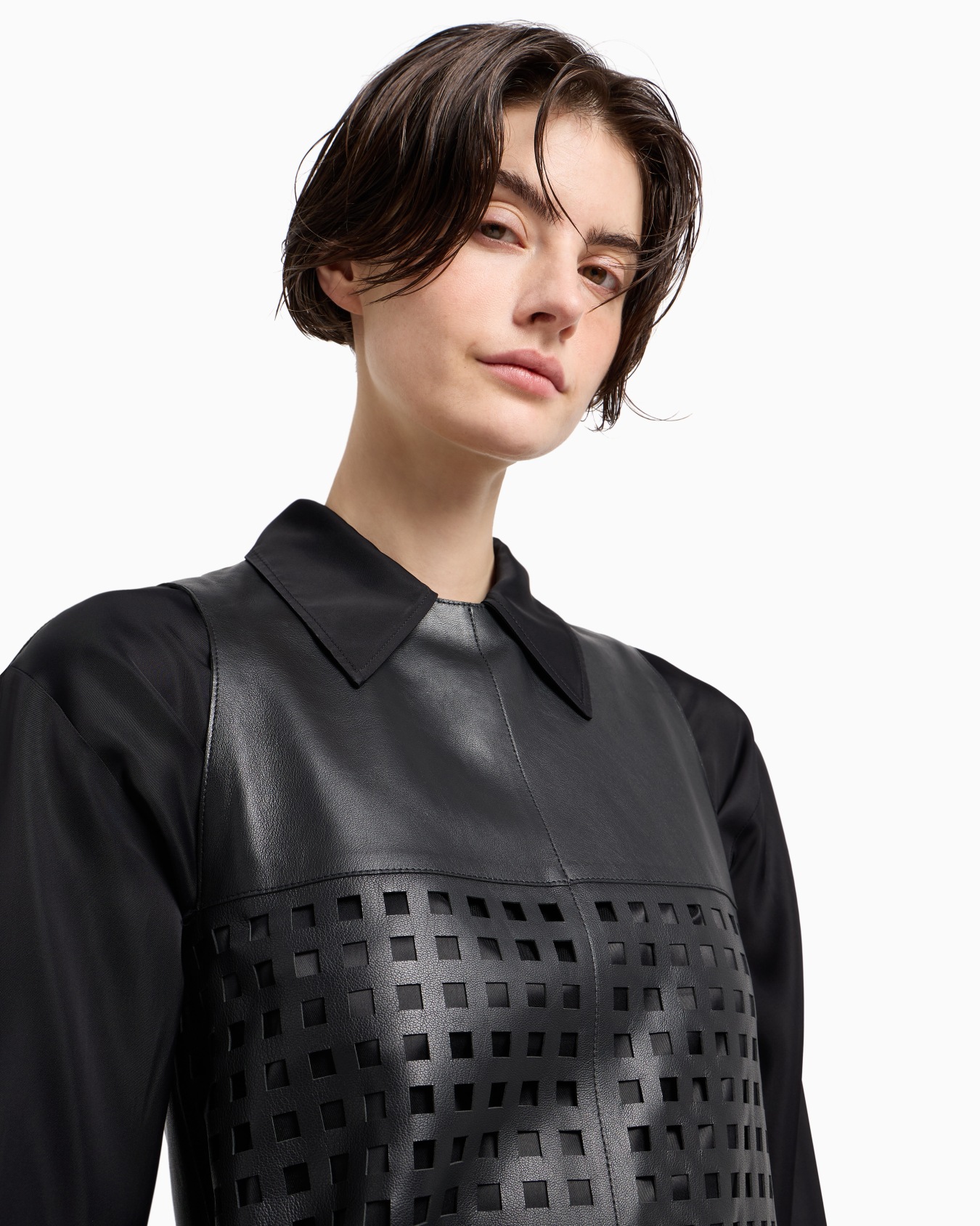 Polygon capsule collection dress in vegetable-tanned nappa leather with laser-cut perforations Slide 4