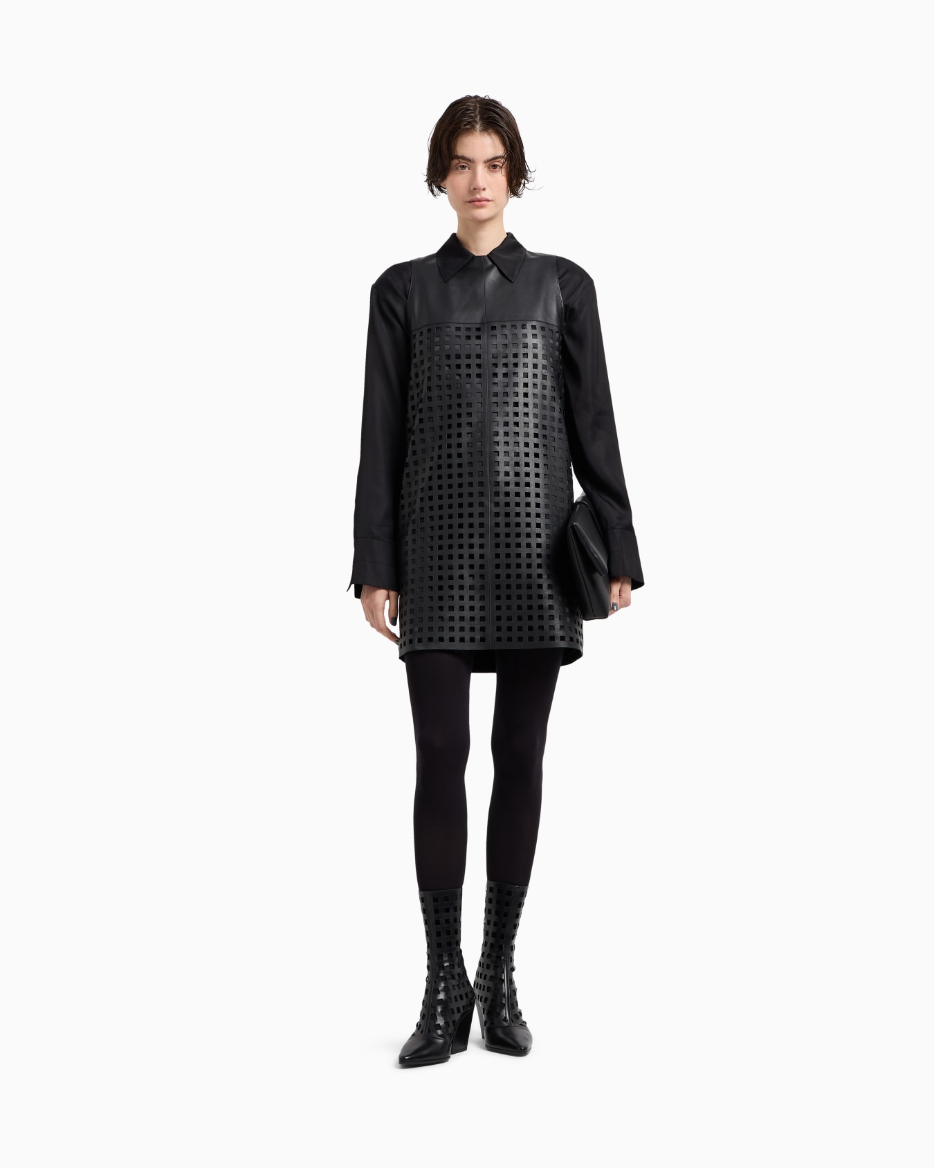 Polygon capsule collection dress in vegetable-tanned nappa leather with laser-cut perforations Slide 1