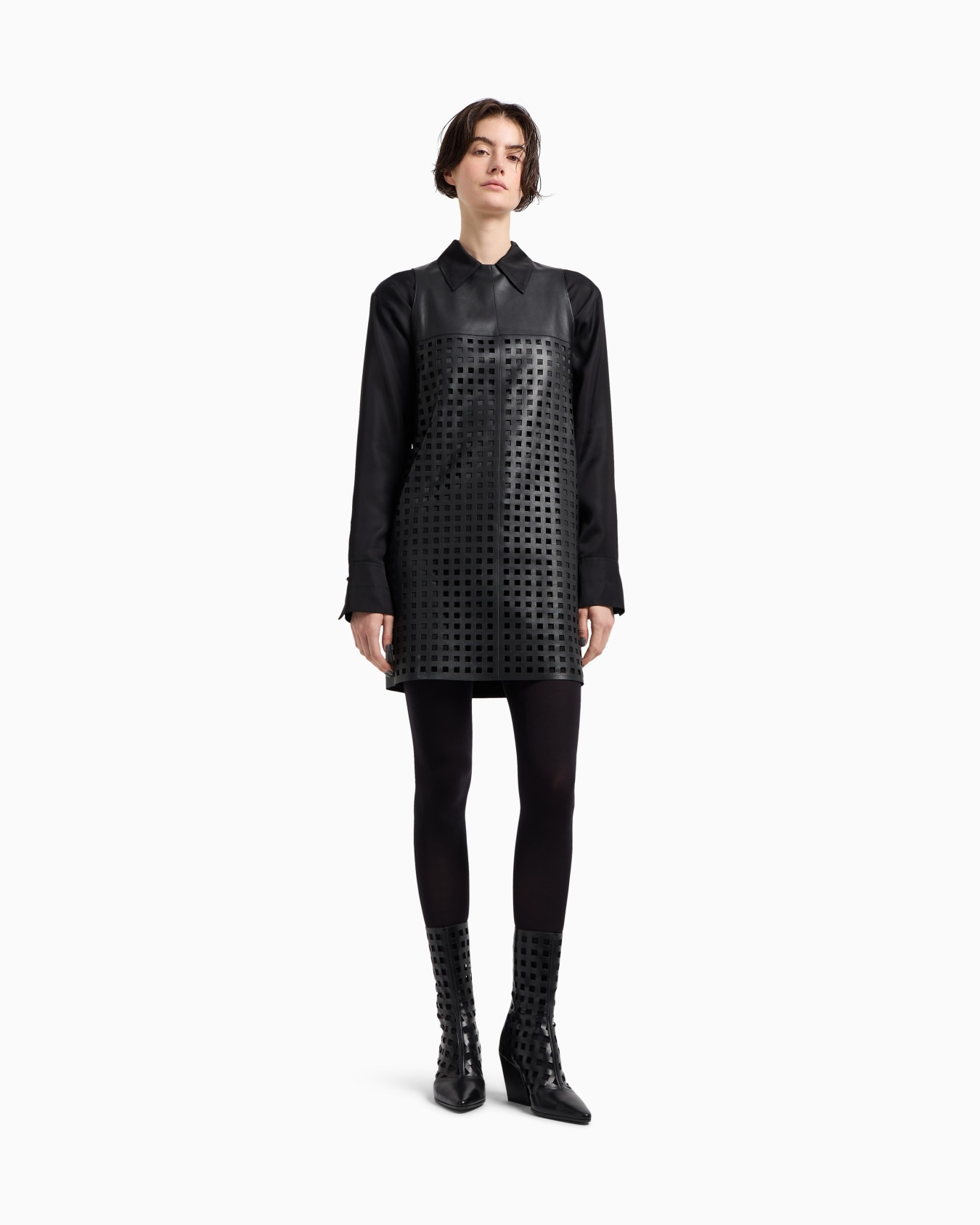 Polygon capsule collection dress in vegetable-tanned nappa leather with laser-cut perforations Slide 3