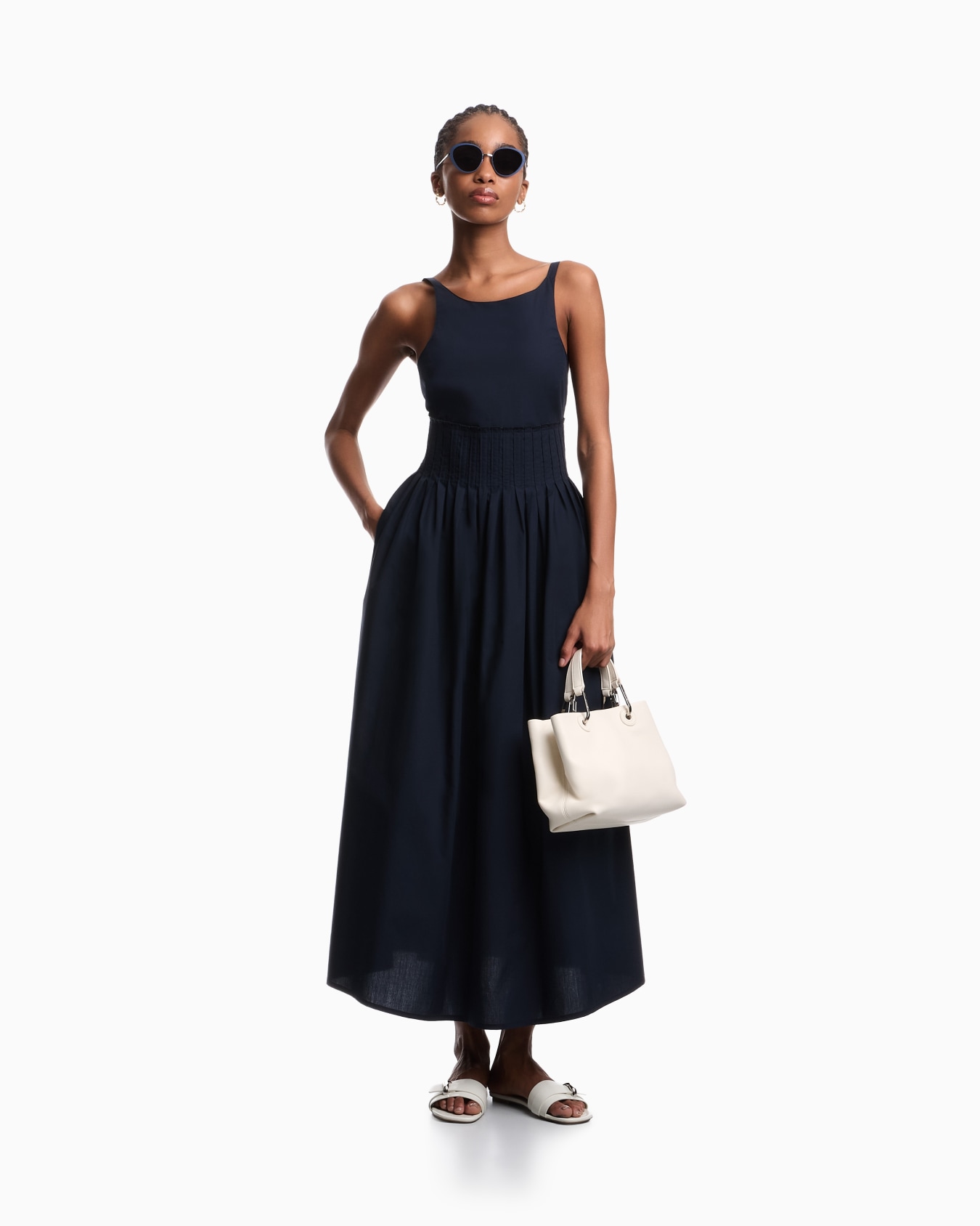 Robe longue à motif smocké en popeline Diapositive 1