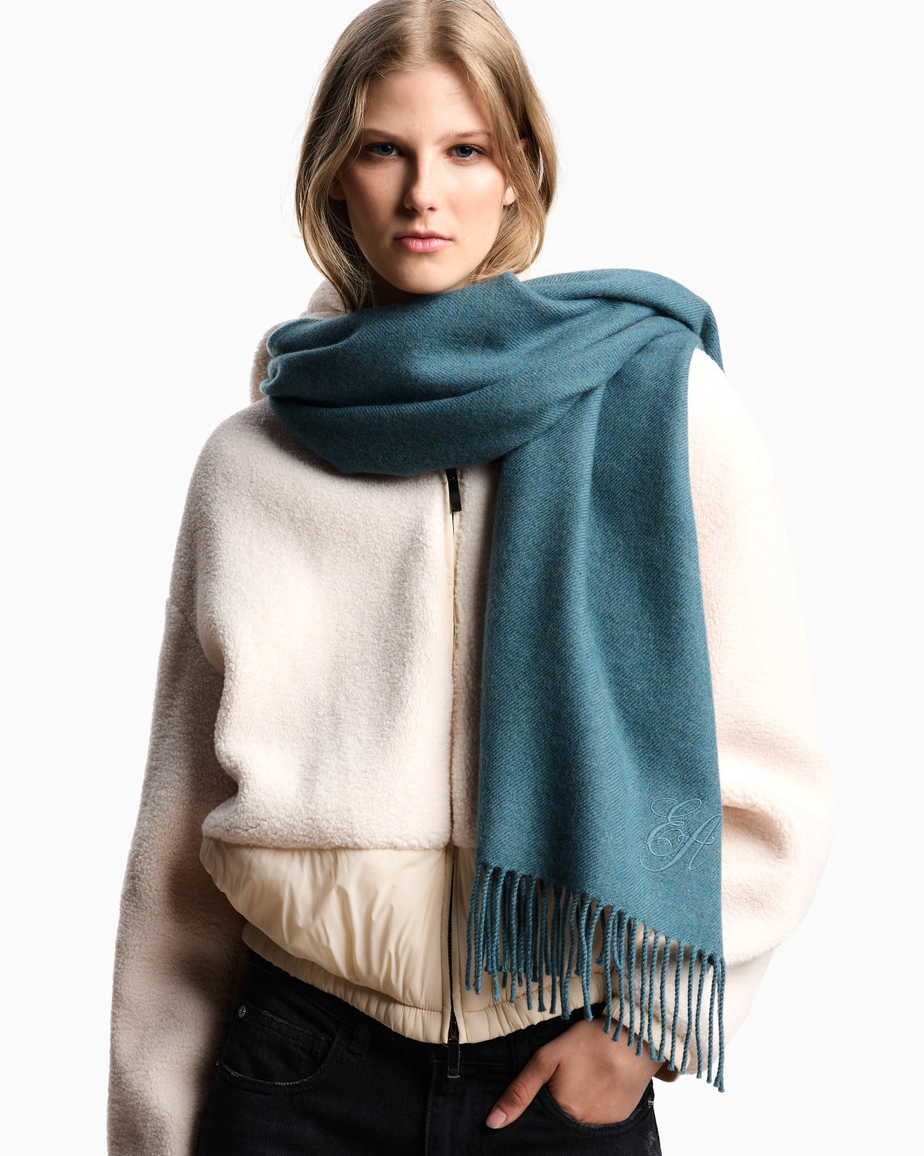Wool stole with signature EA logo embroidery Slide 1