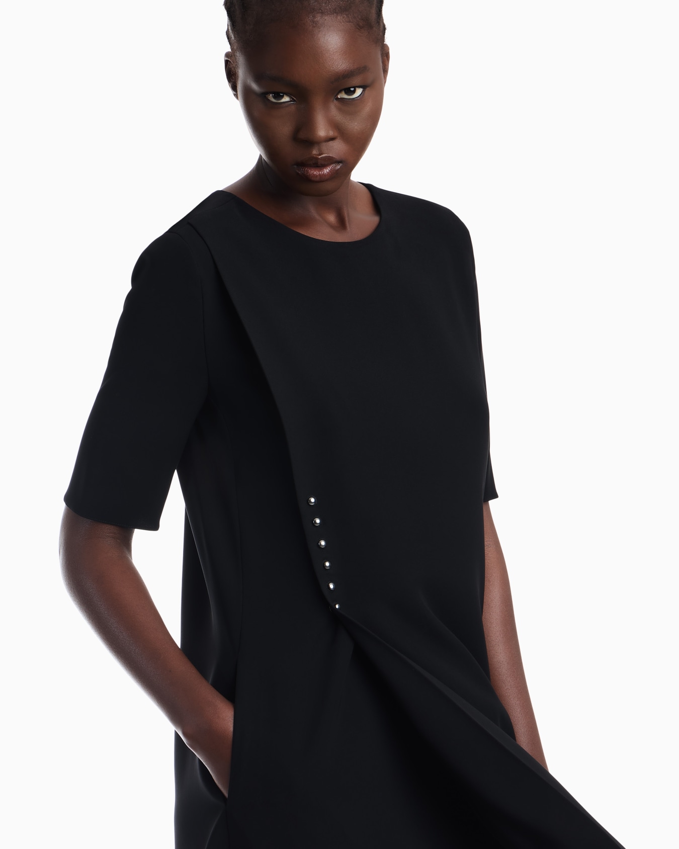 Unlined dress in techno cady with asymmetrical buttoning Slide 5